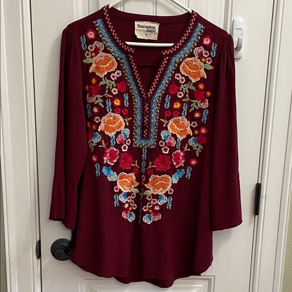 Savanna Jane Burgundy Floral Embroidery Boho Blouse Size Medium